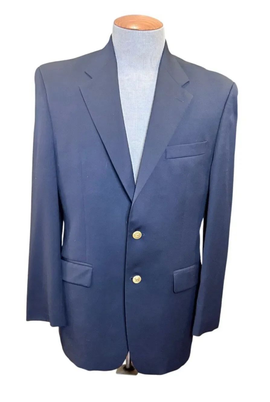 Chaps Ralph Lauren Blazer Jacket Size 39 Regular Button Front Navy Gold Career